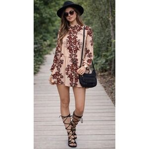 Skylar & Jade-Bohemian, Beige/Brown, Floral, Lace, Mock Neck, Babydoll Dress. Sm